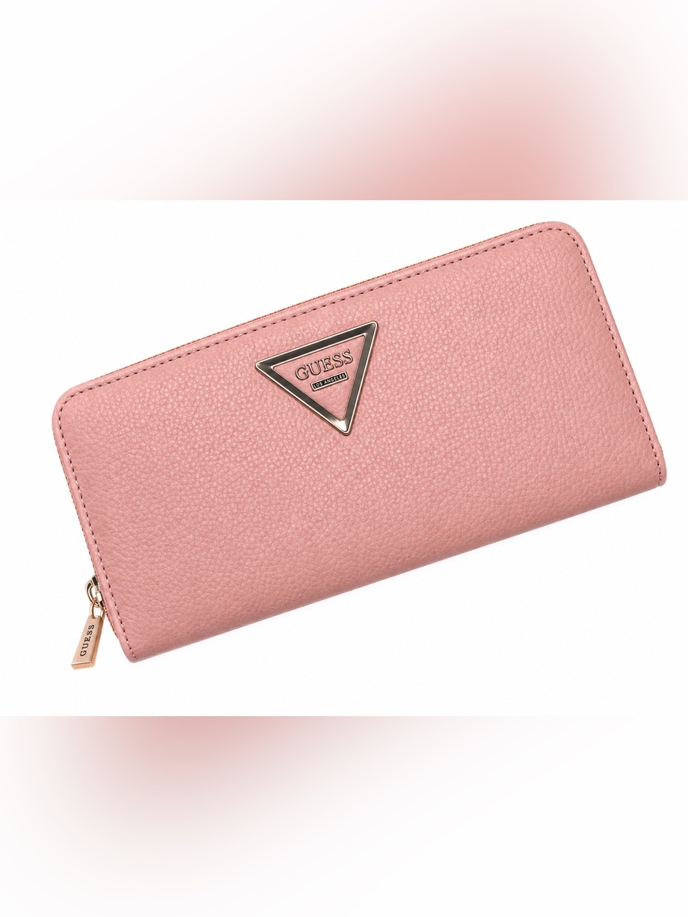 Gently used GUESS Pink and White Pebbled Zip-Around Wallet with Triangle Logo